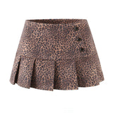 Purpdrank  Y2K Leopard 3 Buttons Low Waist Pleated Mini Skirt American Retro Short Skater Skirts With Shorts lining Pink Coffee