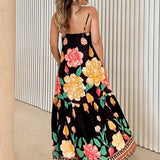 Purpdrank  Sexy Off Shoulder Holiday Suspenders Dress Elegant Flower Print Big Swing Long Dress Women Fashion Hight Waist Pleat Party Dress
