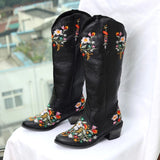 Purpdrank - New Vintage Shaped Flowers Embroidery Bootes Women Western Cowgirls Cowboy Boots Casual Work Riding Chunky Heel Boot Ladies