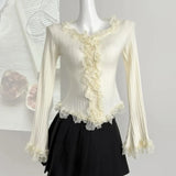 Purpdrank  Women's Ruffled Sweater Long Sleeve Slim Fit Rib Knit Top Pullover Jumper Ladies Fairycore Coquette Y2K Gyaru Shoujo Girl Outfit