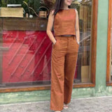 Purpdrank  Ladies Casual Faion Set Svel Wide Leg Pants ket Design Polyester Fabric for Women in Their 20s And 30s