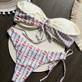 Purpdrank  Floral Patchwork Bikini Set Tie Front Up Strapless Bra + Bandage Thong Women 2 Piece Swimsuit Beach Vacation Brazilian Swimwear