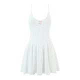 Purpdrank  Sexy White Rib Knitted Cotton Low Waist Sling Dress Women Bow V neck Ruched A-lined Swing Short Dresses Summer Vestidos  Robe