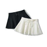 Purpdrank  Holiday Front Cross Lacing up Bandage Bow Zipper Waist Mini Skirt Women White Spliced Lace Hem Ruched Swing A-lined Skirts Black