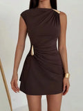Purpdrank  Summer Buckle Elegant High Waist Slim Sleeveless Ruched Party Dress