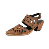 Purpdrank  Plus Size 48 Women's Western Cutout Laser-Cut Slingback Sandals Pointed Toe Chunky Wooden Heel Vintage Cowboy Shoes Brown/Pink