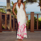 Purpdrank  Elegant V-neck Sleeveless Beach Dress Women Fashion Pattern Print Waist Wrap Hip Dress Sexy Backless Hollow Out Long Party Dress