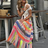 Purpdrank   Spring Summer Vacation Loose Long Skirt Elastic High Waist Hem Bohemian Women's Skirt Vintage Pattern Printed Pleated Half Skirt
