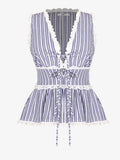 Purpdrank  Summer New Women's Sleeveless V-Neck Chest Tie Striped Lace Lace Casual Top Fashion Young Temperament
