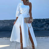 Purpdrank  Women Summer Skew Collar Loungewear Dress, Hollow Out Fashion Solid Elegant Maxi Dress, One Off Shoulder Patchwork Ladies Dress