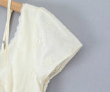 Purpdrank  Retro Beige Hollow Out Embroidery Mini Dress Sweet Girl Short Sleeve A-line Slim Summer Dresses Holiday Robe