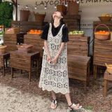 Purpdrank  Fashionable Hollow out Knitted Strap Dress V-Neck Sleeveless Midi A- Line Skirt Vintage Style Cotton Geometric Pattern Dress