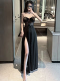 Sexy Black Mesh Patchwork Strapless Corset Maxi DressesWomen 2024 Summer Sleeveless Bodycon Split See Through Party Club Dress
