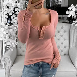 Purpdrank  Spring Elegant Women Corset Skinny Shirt Top New Chic Long Sleeve U Neck Button Slim Ribbed Stretchy T-shirt Streetwear