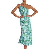 Purpdrank  Elegant Oblique Shoulder Pleated Floral Print Spaghetti Dresses For Women Sexy Backless Strape Summer Midi Dress Vestidos