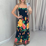 Purpdrank  Sexy Off Shoulder Holiday Suspenders Dress Elegant Flower Print Big Swing Long Dress Women Fashion Hight Waist Pleat Party Dress