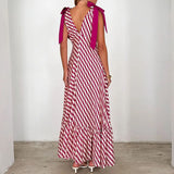 Purpdrank  Bow Tie Up High Waist Holiday Long Dress Sexy Sleeveless Pleated Suspender Dresses Women's V Neck Print Bohemian Dress Vestidos