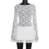 Purpdrank  Sexy White Lace Flare Sleeve Bodycon Dress Women Fashion O Neck Hollow Out Slim Fit Club Party Mini Dress Trendy Hot Girl