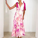 Purpdrank  Bow Tie Up High Waist Holiday Long Dress Sexy Sleeveless Pleated Suspender Dresses Women's V Neck Print Bohemian Dress Vestidos