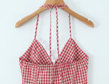Purpdrank  Sexy Red White Plaid Spliced Lace Lacing Up Bow Halter V Collar Mini Dress Women Ruffles Hem A-line Short Dresses Robe Vestidos