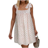 Purpdrank  Summer Sundresses For Women Square Neck Sleeveless Short Dress Bow Tie Floral Print Casual Midi Dresses Ruffle Hem Boho Dresses