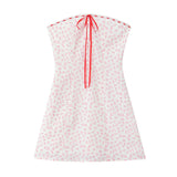 Purpdrank  Sexy White Pink Flower Print Bow Ribbon Strapless Dress Women Slim Waist Backless Mini Dresses A-lined Short Robe