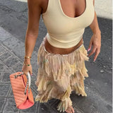 Purpdrank  Summer High Waist Printed Layered Decorative Skirt 2025 New Women Casual Loose Beach Vacation Style Lady Floral Patterned Skirts