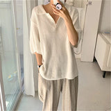Purpdrank  Summer Polo Collar Women's Shirts New Solid Casual Loose Short Sleeve Buttons Korean Knitted Tops Female