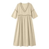Purpdrank  Women's Casual Cotton Linen Dress Elegant Lace Trim Openwork V Neck Solid Color Loose Fit Summer Dress Boho Flowy Office Dresses