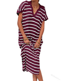 Purpdrank  Women Dress Long Dresses Knitted Turn Down Collar Short Sleeve Print Striped Casual Loose Elegant Splice Summer Vestidos