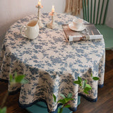 Purpdrank  Round 150Cm Blue Rose Printed Tablecloth Romantic Cotton and Linen Dust-Proof Table Cover Retro Lace Trim Furniture Protector