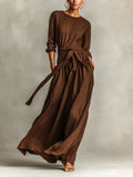 Purpdrank   Casual O Neck Belted Maxi Dress Woman Elegant High Waist Ruched A-line Swing Long Dresses Long Sleeve Pocket Boho Dress