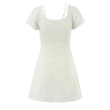 Purpdrank  Retro Beige Hollow Out Embroidery Mini Dress Sweet Girl Short Sleeve A-line Slim Summer Dresses Holiday Robe