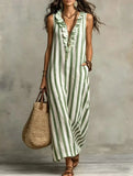 Purpdrank  Boho Striped Print Loose Maxi Dress Women Summer Fashion Sleeveless V-neck Long Dresses Elegant