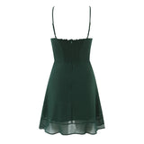Purpdrank  French Style Retro Dark Green V neck Corset Style Sling Dress Women Elastic Back Ruffles Hem Short Dresses Summer Robe Vestidos