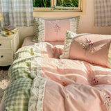 Purpdrank  Korean Princess Style Double Layer Lace Flower Embroidery 100% Cotton Bedding Set Plaid Style Duvet Covers Bed Sheet Pillowcases