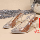 Purpdrank  Elegant Ladies Shiny Rhinestone Crystal Shoes Autumn Transparent Pvc Pointed Toe High Heels Shoes Woman Sling Back Pumps 41