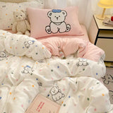 Purpdrank  Bowknot Bedding Set Ins Girl Plaid Washed Dormitory Bed Sheet Quilt Cover Student Dormitory Three-piece Set