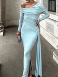 Purpdrank  Autumn Sexy Slanted Shoulder Wrap Hip Dress Women's Casual Long Sleeves Solid Gowns Dress Elegant Split Draped Long Party Dress