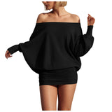 Purpdrank  Fashion Off Shoulder Sheer Mini Dress For Women Hot Sexy Long Sleeve Pleated Party Dresses Bodycon Solid Color Short Dress