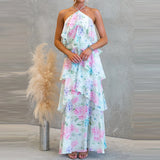 Purpdrank  Floral Print Off Shoulder Women's Beach Dress Summer Sweet Backless Party Dresses Stacked Ruffle Edge Design Holiday Long Dress