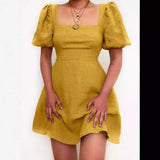 Purpdrank  Hot Sale Of The Season Spring Cotton Lin Mini Dress Street Style Comfortable Casual Pure Color Square Collar Lantern Sleeve