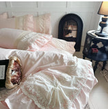 Purpdrank  Pink Luxury Princess Wedding Lace Ruffles 100% Cotton Bedding Set Duvet Cover Bed Sheet/Bed Skirt/Fitted Sheet Pillowcases 4Pcs