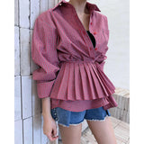 Purpdrank  Vintage Plaid Shirts Women Harajuku Pleated Patchwork Blouses Ladies Streetwear Korean Bandage Long Sleeve Casual Design Tops