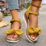 Purpdrank  New Wedge Straw Sandals Fashionable and Easiest for Match Bow Waterproof Platform Thick Sole Medium Heel Strap Sandals