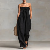 Purpdrank  Bohemian Casual Solid Wide Leg Pants Jumpsuit Woman Spring Sexy Strapless Backless Hollow Rompers Summer Lace-up Draped Overalls