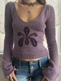 Purpdrank  Autumn Korean Casual All Match V Neck Long Sleeve Slim Flower Jacquard Knitted Pullover