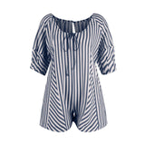 Purpdrank  Summer New Womens Fashionable Deep V-neck Tie Up Short Sleeved Striped Printed Jumpsuit Shorts Loose Casual Wide Leg Capris