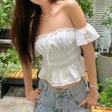 Purpdrank  Stylish White Embroidery Hollow Out Flower Slash Shoulder Short Sleeve Tank Top Women Elastic Waist Ruffles Hem Crop Tops
