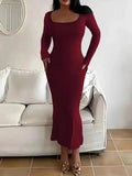 Purpdrank  Autumn Dresses Women's Elegant Mature Vibe Plain Long Sleeve Square Neck Midi Daily Bodycon Dresses
